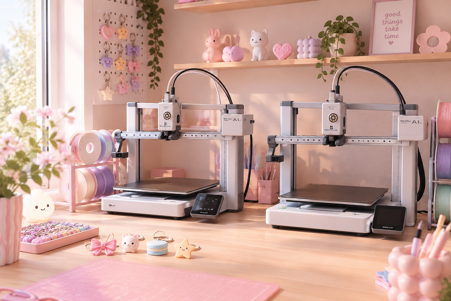 Twee Bambu Lab A1 3D-printers in een lichte pastel werkruimte van Sammy 3D, met kleurrijke filamenten en schattige 3D-geprinte accessoires.